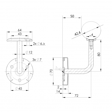 Sieninis turėklas D42/L1500mm 3