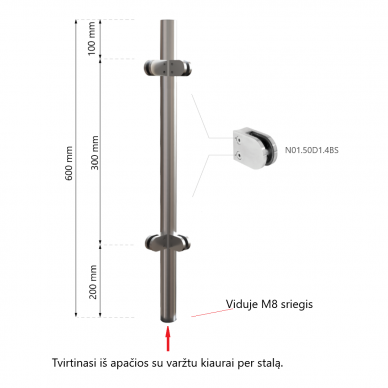 Kampinis stiklo sienelės statramstis H-600mm 1